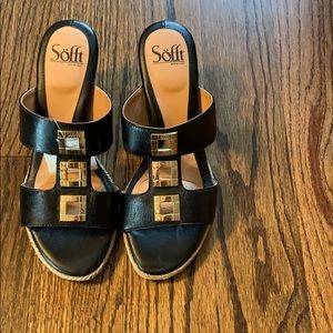 Black wedge sandals, never worn
